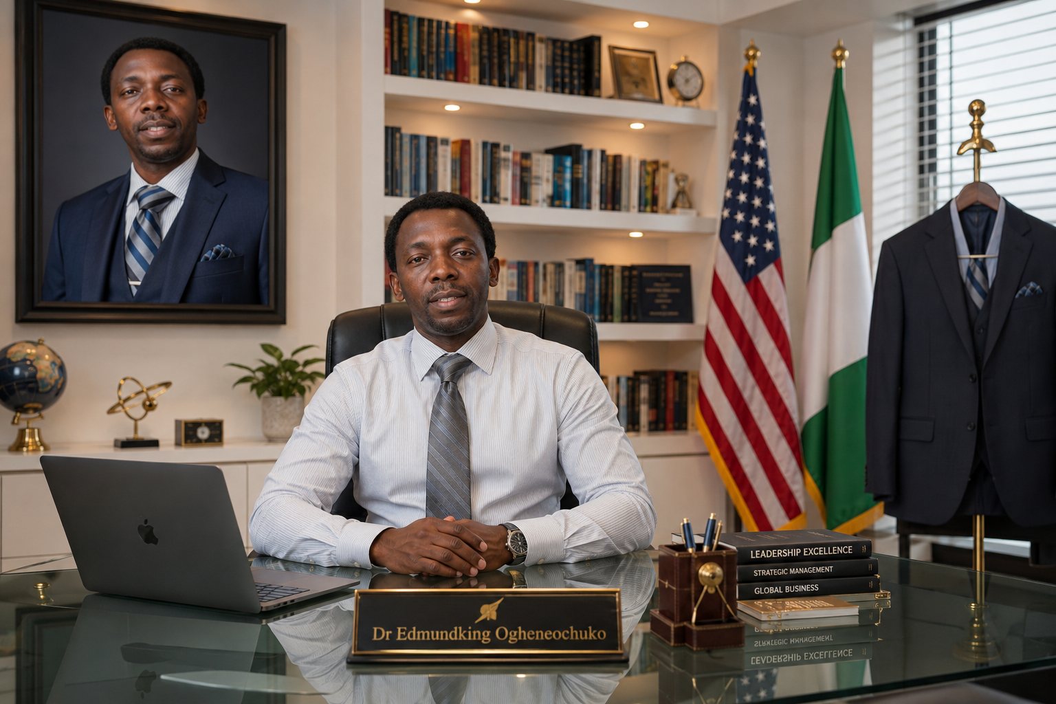 Dr. Edmundking Ogheneochuko at his desk at The Edmundking Academy